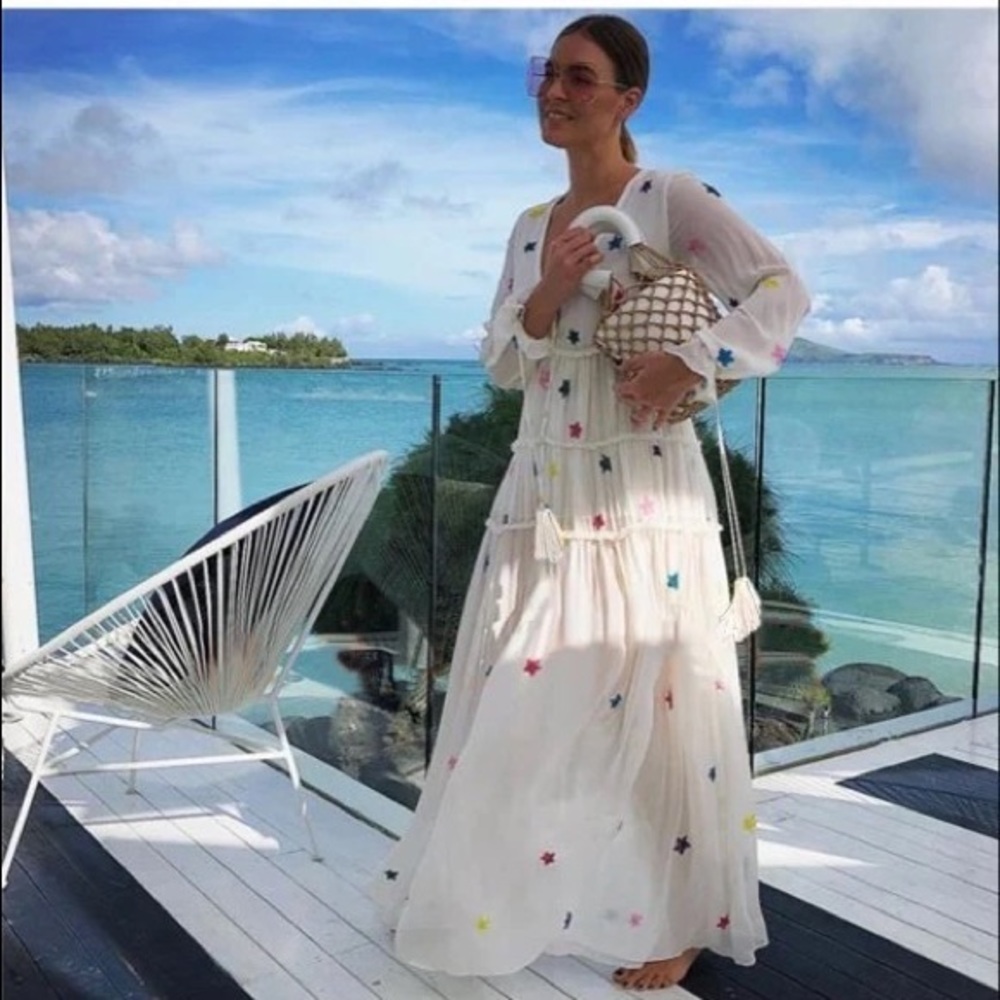 Sandy Stars Boho Embroidered Long Maxi Gown In White Rainbow Stars 5⭐️Rated - Picture 12 of 13